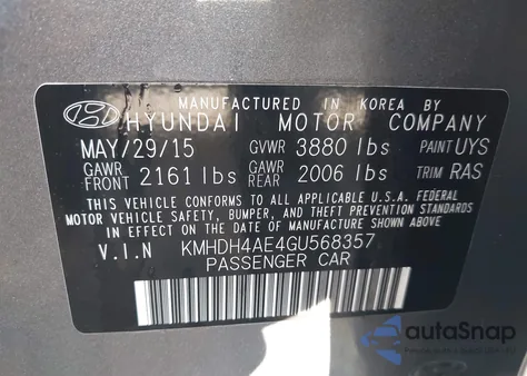 2016 Hyundai Elantra Se z USA, uszkodzony, nr VIN KMHDH4AE4GU568357